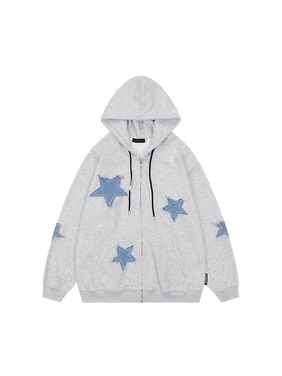 Cute Hoodie for Women Star Graphic Printed Zip Up Hoodies Oversize Long Sleeve Sweatshirt Jacket Streetwear Preppy Hooded Clothes
