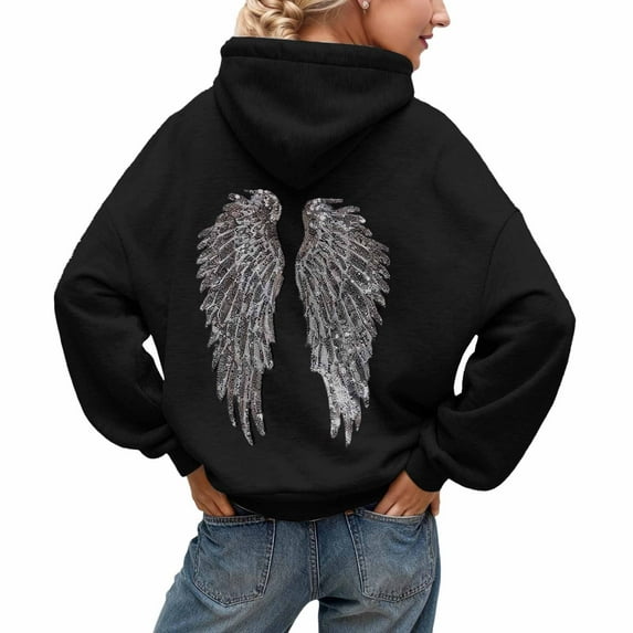 Cute Hoodies For Teen Girls - Black And Silver Rhinestone Angel Hooded Sweatshirts Women Oversized Hoodie