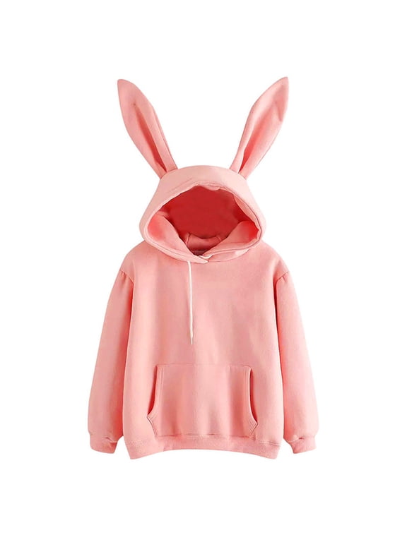 Cute Hoodies Sevevn Women's Solid Color Long Sleeve Cute Bunny Ears Hooded Pocket Top