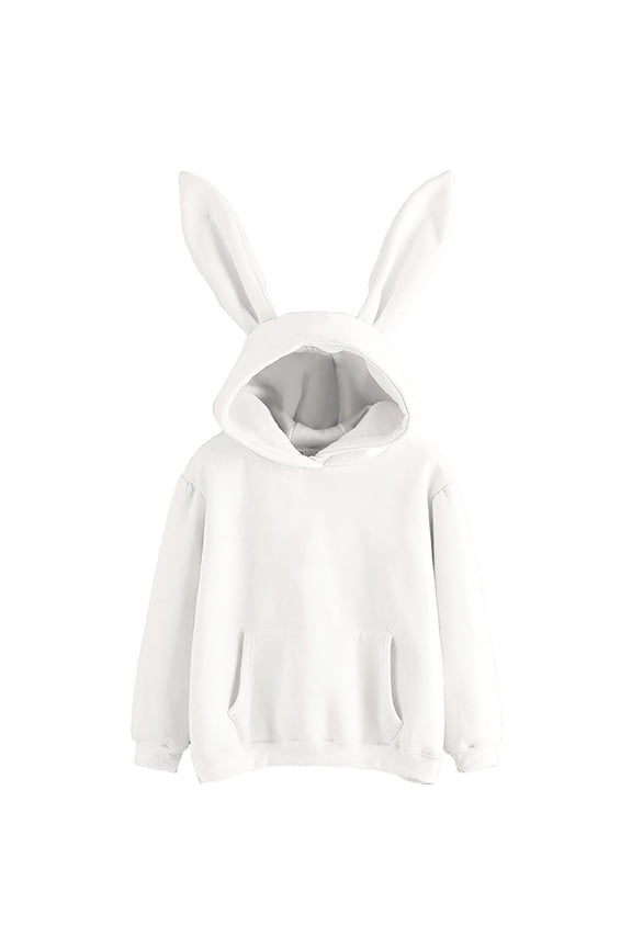Cute Hoodies Sevevn Women's Solid Color Long Sleeve Cute Bunny Ears Hooded Pocket Top