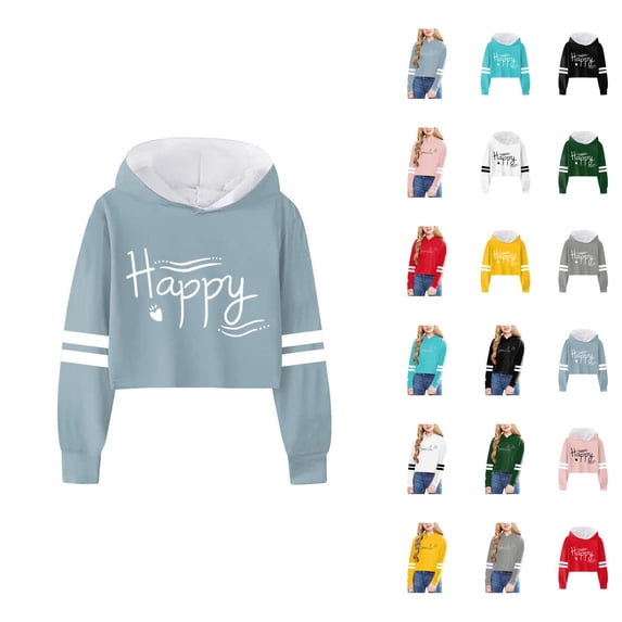 Cute Hoodies for Girl Long Sleeve Positive Message Graphic Casual Cropped Hooded Sweatshirt Pullover Tops