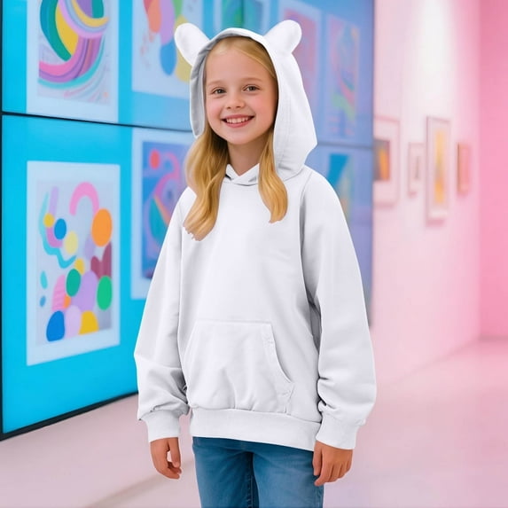 Cute Hoodies for Girls & Boys with Pocket and Ear Pullover Sweatshirts Size 2-15 Teens Toddlers Casual Solid Color Long Sleeve Going Out Hooded Tops