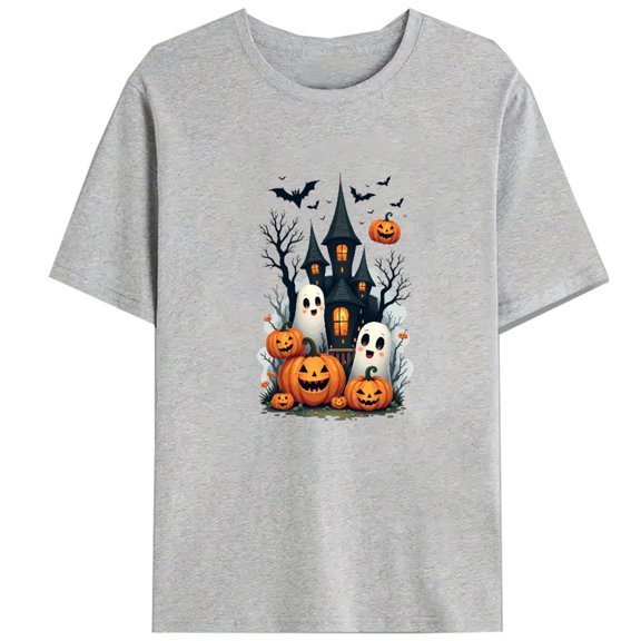 Cute Horror Graphic Tee with Friendly Ghosts, Spooky Forest, Bats & Pumpkins，Pattern printing，Crew neck，Funny，cotton，gray，S-3XL