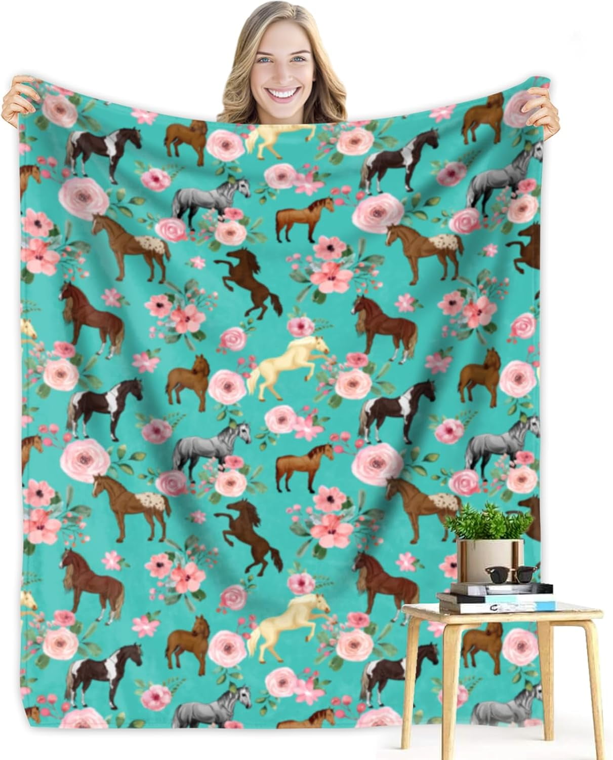 Cute Horse Blanket for Girls Women Western Horses Flowers Fleece ...