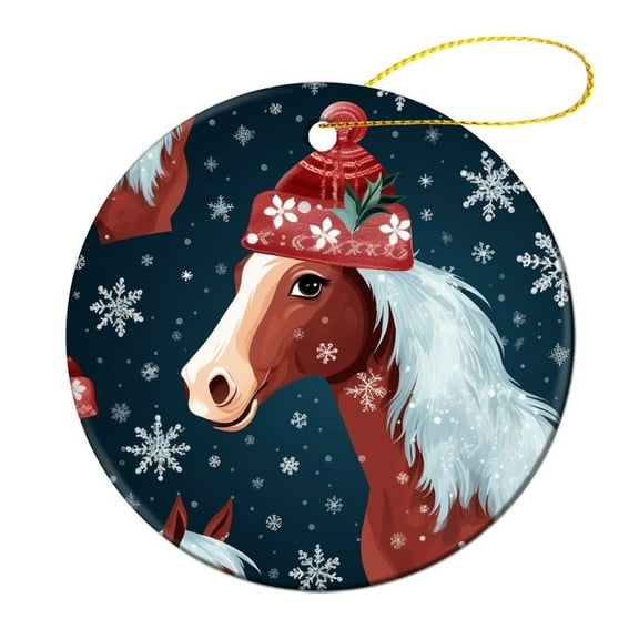 Cute Horse in Santa Hat Snowflake Xmas Ceramics Ornaments Horse Gifts for Girls Two Sides Printed Christmas Ornaments Christmas Tree Decoration Indoor Outdoor Yard Gifts Keepsake for Family