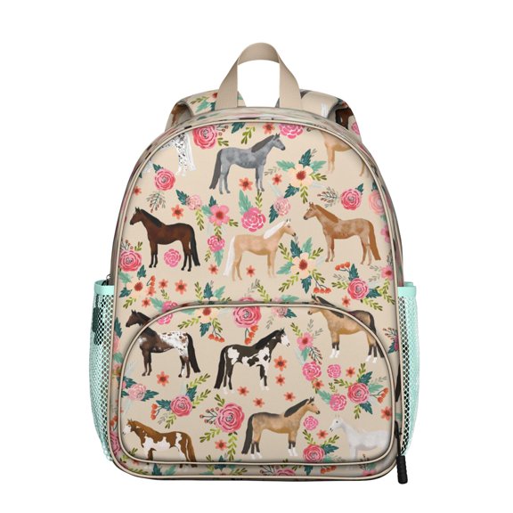 Cute Horse Student Backpack – Wild Pony Print With Floral Rainbow Retro Rural Pattern Farm Artistic Design