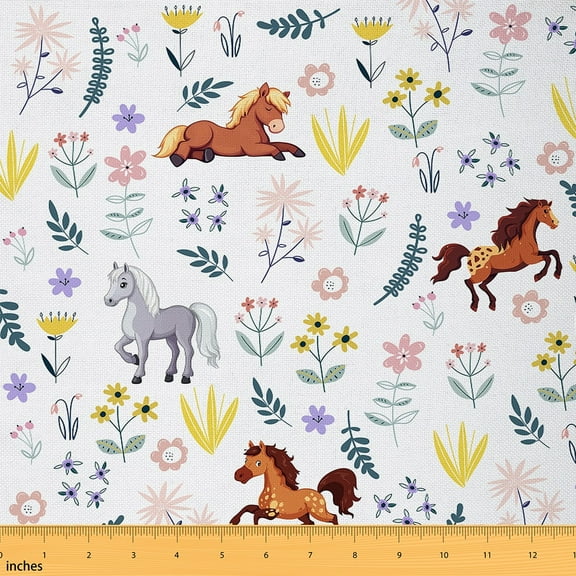 Cute Horse Upholstery Fabric,Rainbow Flower Floral Waterproof Fabric By the Yard,Horse Farm Animal Indoor Outdoor Fabric,Vintage Farmhouse Style Decorative Fabric,Brown Gray,1 Yard