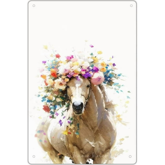 Cute Horse with Wreath Floral Crown Unique Tin Sign, Funny Horse Signs, Horse Posters For Girls Bedroom, Woodland Animals Decor for Nursery Kids Bedroom Classroom Bathroom 5.5x8 Inches