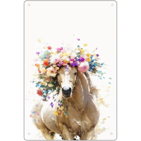Cute Horse with Wreath Floral Crown Unique Tin Sign, Funny Horse Signs, Horse Posters For Girls Bedroom, Woodland Animals Decor for Nursery Kids Bedroom Classroom Bathroom 5.5x8 Inches