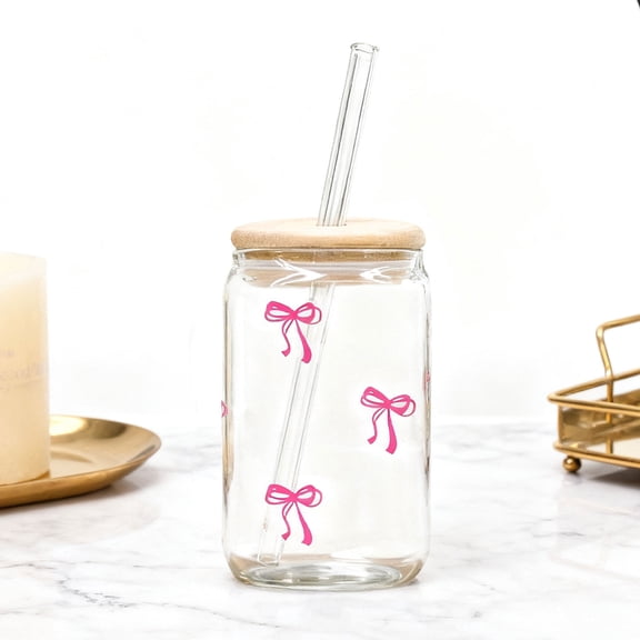 Cute Hot Pink Bow Glass Cups with Lids & Straws Iced Coffee Cup Girly Preppy Design Tumbler Mug Birthday Valentines Christmas Gifts Trendy Stuff 16oz