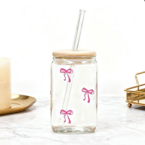 Cute Hot Pink Bow Glass Cups with Lids & Straws Iced Coffee Cup Girly Preppy Design Tumbler Mug Birthday Valentines Christmas Gifts Trendy Stuff 16oz