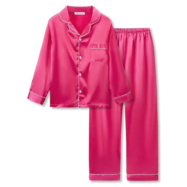 Cute Hot Pink Pajama Set for Girls Satin Silky Long Sleeve & Pants