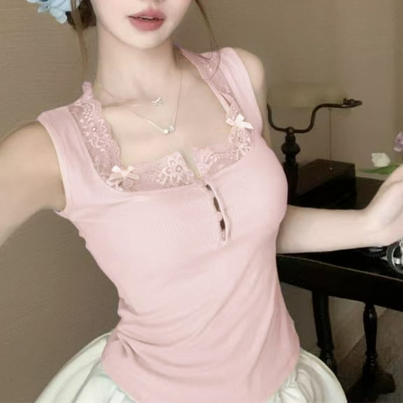 Cute Hotsweet Girl's Knitted Camisole Lace Patchwork Y2K Lady's Vest Chic Matching Sleeveless Tank Top Korean Trend Women's Vest