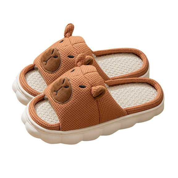 CHUMUD Cute House Linen Slippers - Women's Cartoon Animal Shape Memory Foam Home Slippers, Open Toe Breathable Indoor Slippers