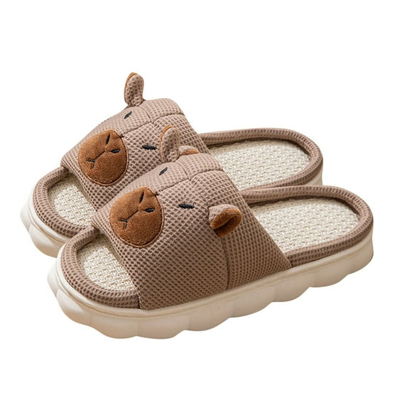 CHUMUD Cute House Linen Slippers - Women's Cartoon Animal Shape Memory Foam Home Slippers, Open Toe Breathable Indoor Slippers