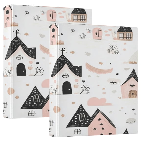 Cute House Pattern 12.4x10.6in PVC Round Ring Binder, D-Ring 3-Hole, Metal Clip, 200 Sheets