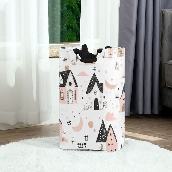 Cute House Pattern Foldable Laundry Hamper 12.6x11x22.7in with Handles for Bathroom Bedroom Storage