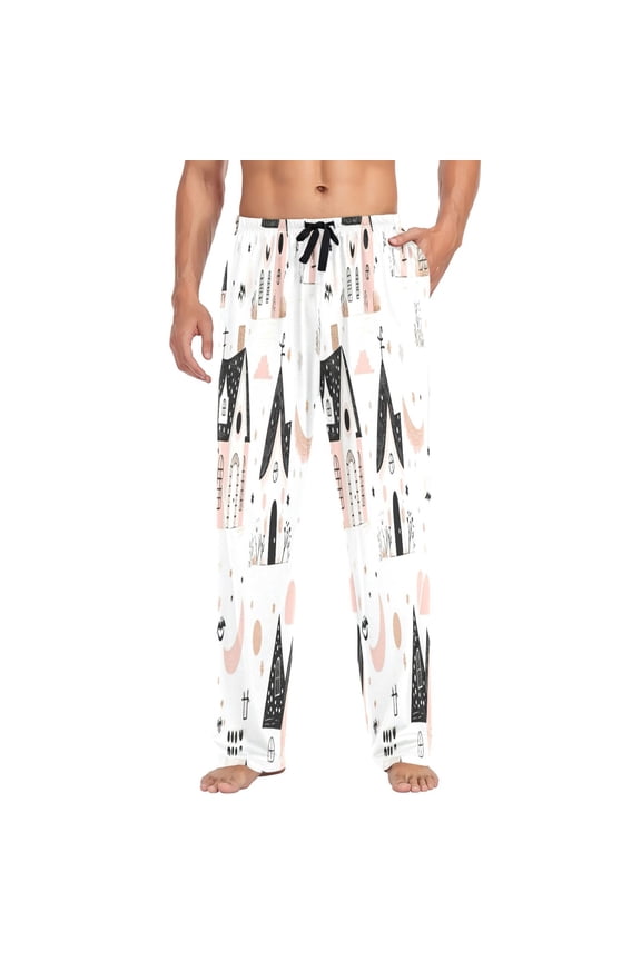 Cute House Pattern Mens Cotton Pajama Pants Long Staple Lightweight Sleep Bottoms with Pockets Breathable