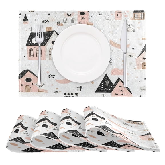 Cute House Pattern Reversible Placemat Non Slip Coffee Mat 18x12 Inch for Dining, Kitchen, Coffee