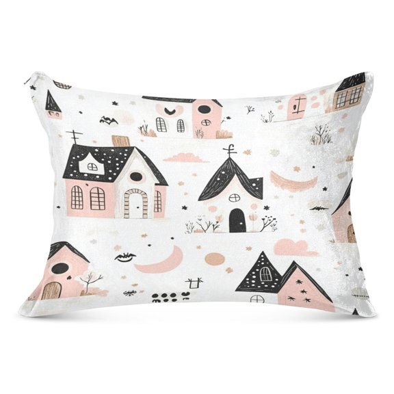 Cute House Pattern Soft Plush Pillow Cover, Zippered Design, Comfortable for Bedroom and Sofa