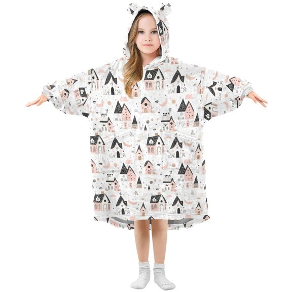 Cute House Pattern ﻿Wearable Blankets Hoodie Oversize Sherpa Wearable Soft Blanket Warm Cozy 3-14 Age