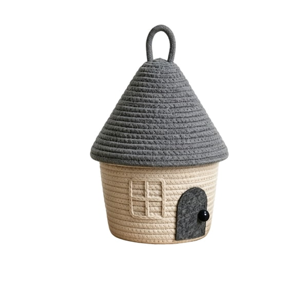 Cute House Shape Rope Storage Basket with Lid,Soft Breathable,Tapered House Roof Lid with Top Hanging Loop,Large Capacity Neat Storage Space(Gray)