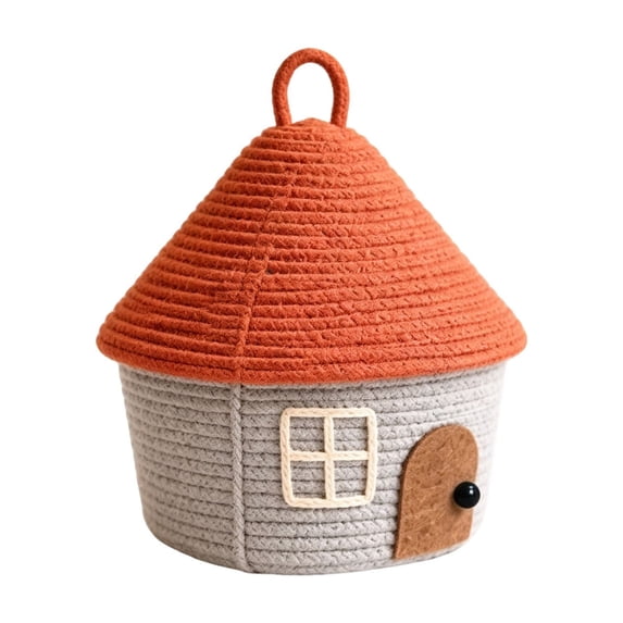 Cute House Shape Rope Storage Basket with Lid,Soft Breathable,Tapered House Roof Lid with Top Hanging Loop,Large Capacity Neat Storage Space(Orange)