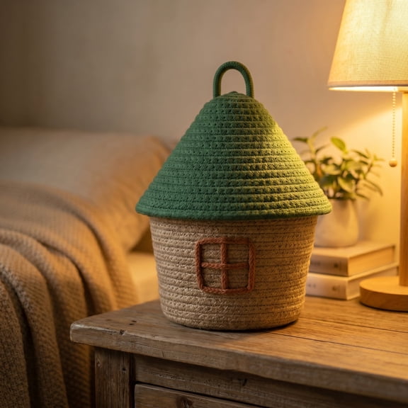 Cute House Shaped Cotton Rope Storage Basket with Lid, Woven Desktop Organizer Bin, Portable Dustproof Container for Cosmetics, Small Sundries Bedroom Vanity Table Decor