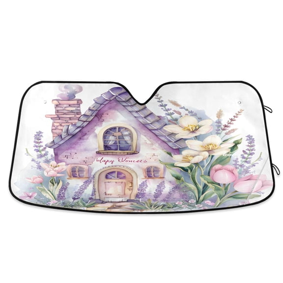 Cute House and Tulips Car Windshield Sun Shade Foldable Car Front Window Visor Heat and UV Protection 53x23.5