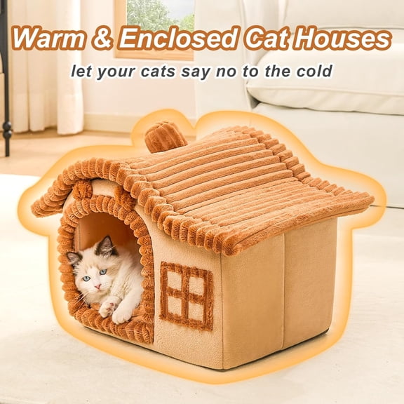 Cute  House with Chimney, Spacious Soft Bed for Indoor Cats,  to 3-10 lbs, Brown