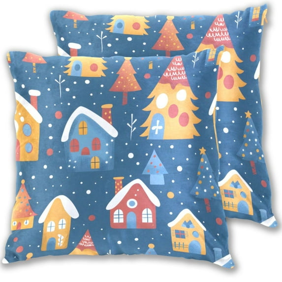 Cute Houses Trees Snow in Winter Throw Pillow Covers Pillowcases 16 x 16 Inch Home Decor 2 Packs for Bedroom Sofa