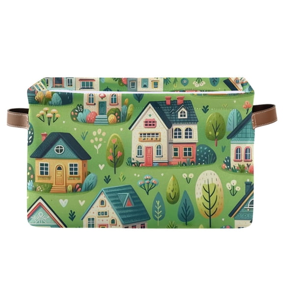 Cute Houses and Trees Storage Basket Large Foldable Storage Bin Laundry Baskets Toys Box Book Foldable Organizer Bag 14.2x10.2x8.3 Inches 1 PC