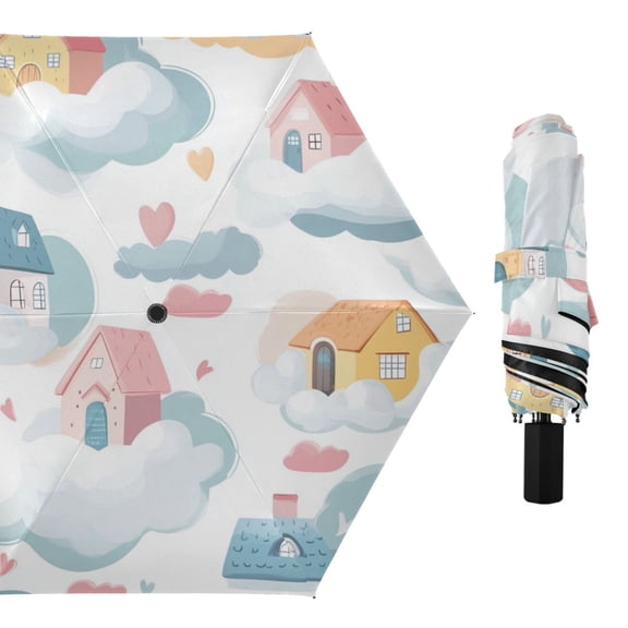 Cute Houses in The Clouds Hearts All Weather Umbrella Triple Folding Parasol 6 Ribs UV Protection Portable