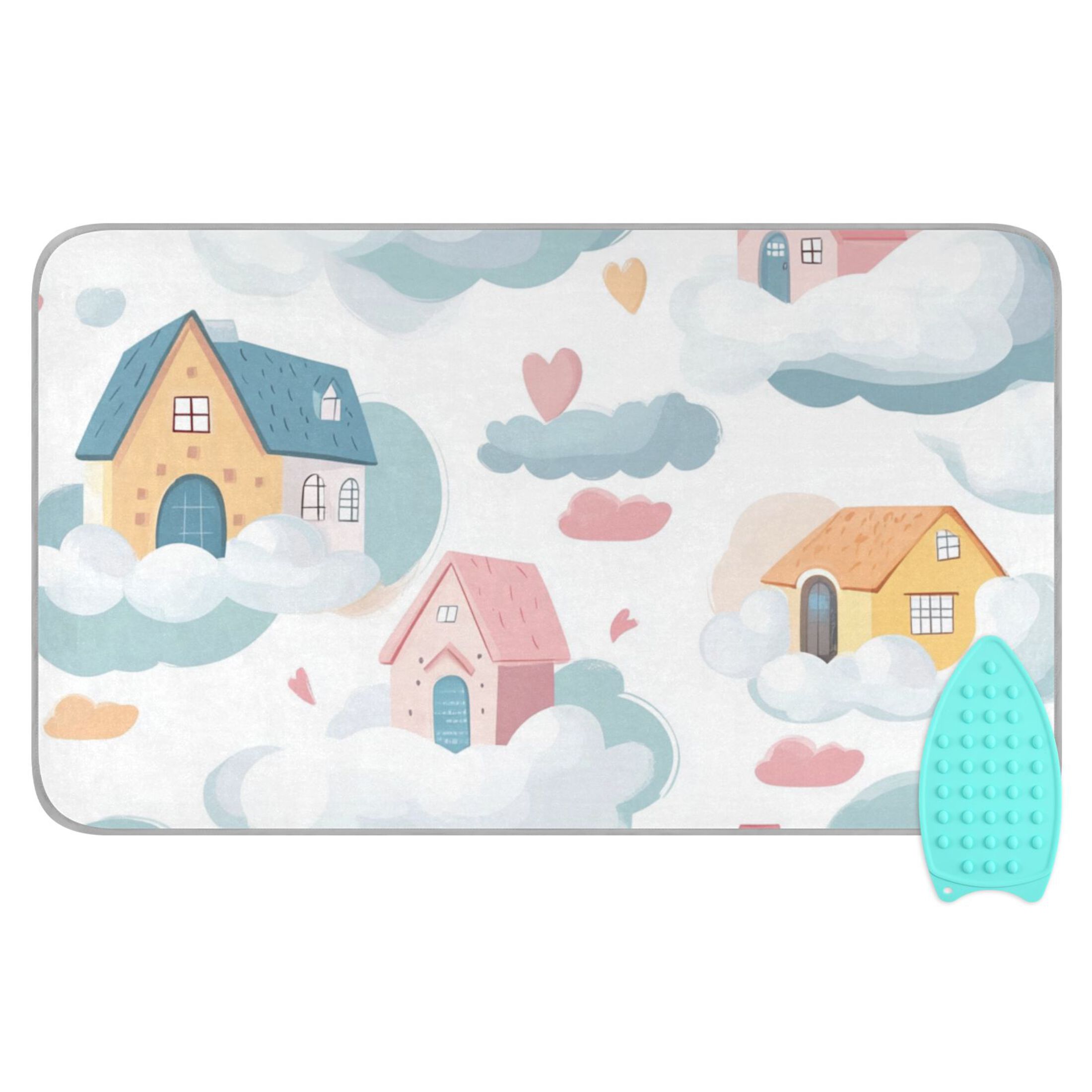 Cute Houses in The Clouds Hearts Ironing Mat Blanket Portable Travel Ironing Pad Heat Resistant Pad 47.2" x 27.6”