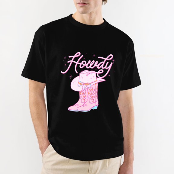 Cute Howdy Pink Cowgirl Boot Hat Western Rodeo T-Shirt,OdeJous Funny Clothing Black 5XL