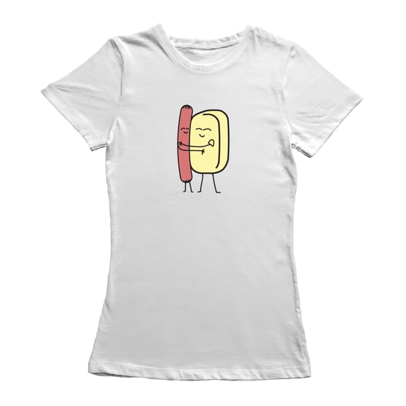 Cute Hug Dog HotDog Graphic Women White T-Shirt, Female Medium