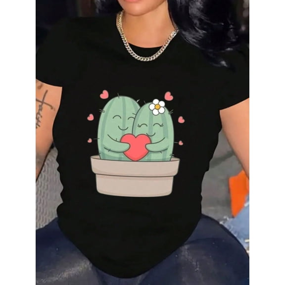 Cute Hugging Cactus Valentine's Day Graphic Women Casual Short Sleeve Crew Neck T-Shirt