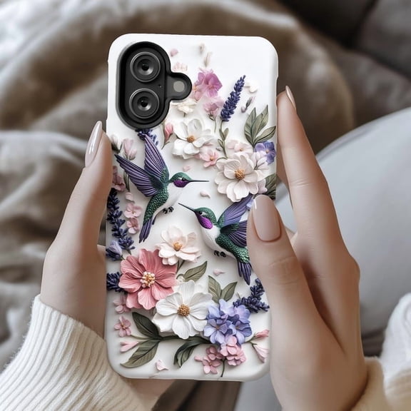 Cute Hummingbird Floral Art Phone Case for iPhone 17 16 15 14 13 12 11 Pro Max