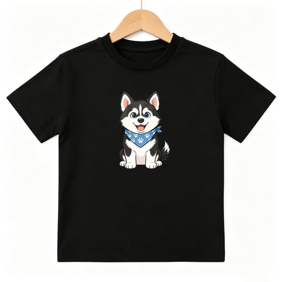 Cute Husky Dog Blue Bandana Boys Graphic Tees Pet Lover Kids T-Shirt 100% Cotton Short Sleeve Tops Ages 4-13Y
