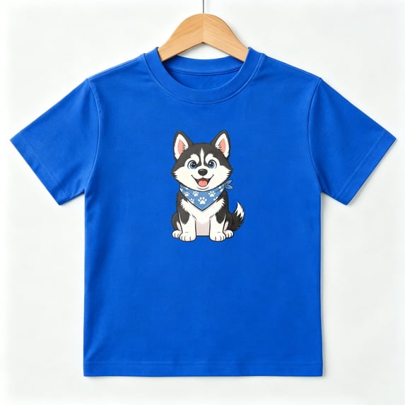 Cute Husky Dog Blue Bandana Boys Graphic Tees Pet Lover Kids T-Shirt 100% Cotton Short Sleeve Tops Ages 4-13Y