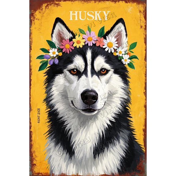 Cute Husky With Flower Crown Decor - Dog Decor - Vintage Metal Tin Sign for Bedroom Living Room Home Office Pet Corner Pet Shop Wall Decor - Dog Lovers & Dog Owners Gifts,16x12 Inches,Aluminum