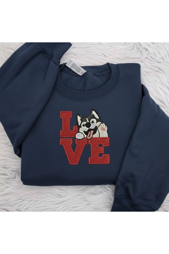 Cute Husky LOVE Embroidery Sweatshirt, Valentine Cute Puppy Embroidered Shirt, Cozy Pet Crewneck, Kawaii Husky Design, Dog Lover Gift