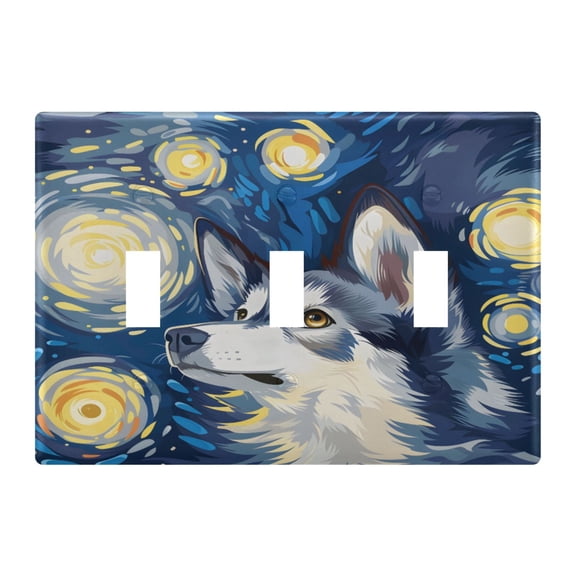 Cute Husky in Starry Night Light Switch Cover Electrical Outlet Cover Replaceable Wall Plates 3-Gang