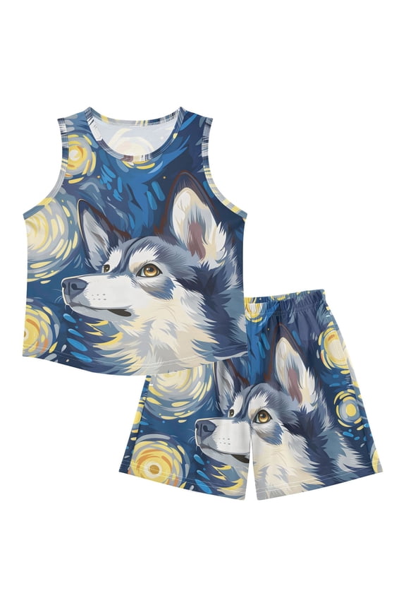Cute Husky in Starry Night Pajamas Set Sleeveless Sleepwear Tank Tops with Shorts Loose Fit Lounge Wear Unisex 4Y