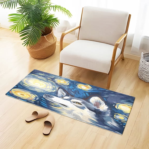 Cute Husky in Starry Night Plush Carpet Non Slip Runner Rug Absorbent Bath Mat 39" x 20"