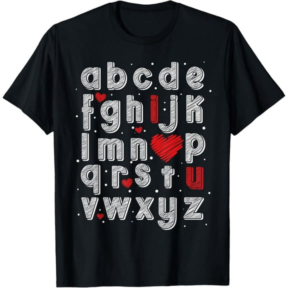 Cute I Heart U Alphabet Letter Graphic Unisex Teacher Cotton Short Sleeve Tee Shirt