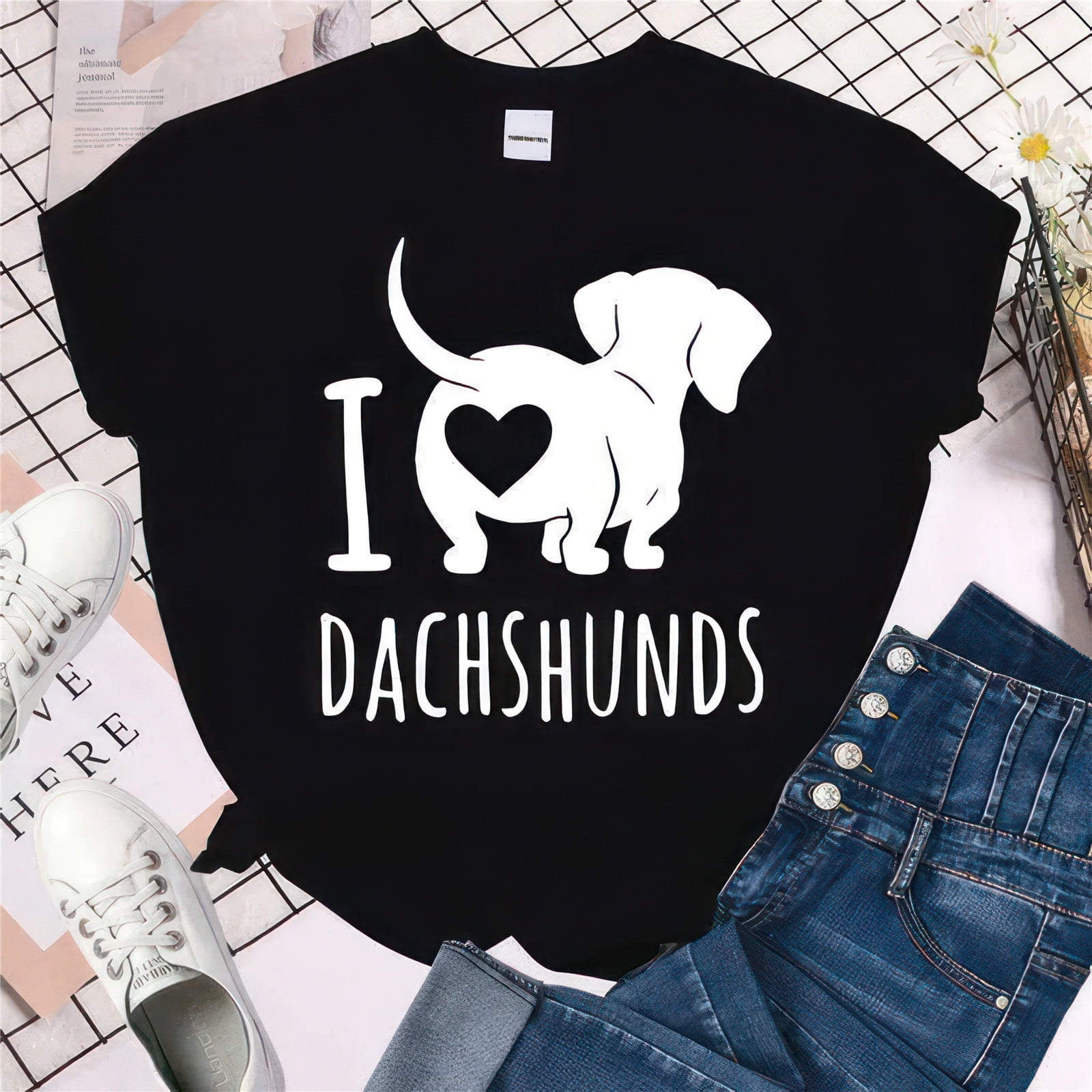 Cute I Love Dachshund Printed T Shirts Women Short Sleeve Funny Round Neck Tee Shirt Casual Summer Tops Walmart