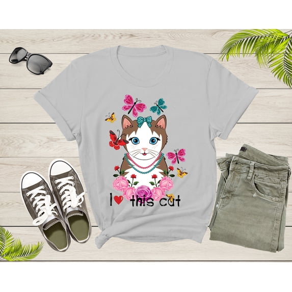 Cute I Love This Cat Butterflies and Roses for Women Girls T-Shirt Cat Lover Gift T Shirt for Men Women Kids Boys Girls Graphic Tshirt