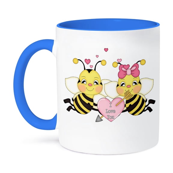 3dRose, Cute I Love You Valentine Bumble Bee Couple Cartoon, 15oz Two-Tone Blue Mug