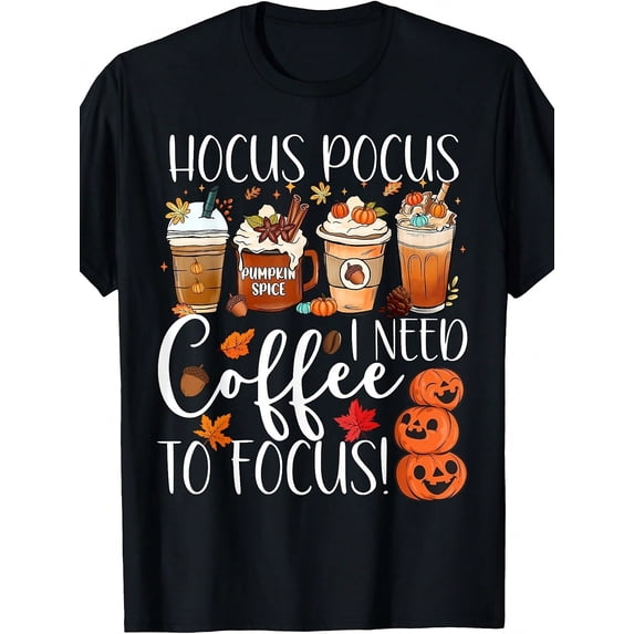 Cute I Need Coffee To Focus Fall Pumpkin Teacher TShirtRetro Casual Crew Neck Printed T-Shirt